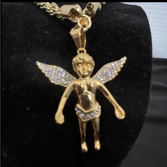 FASHION JEWELRY FASHION BLING NECKLACE STERLING STEEL HIP HOP BABY ANGEL PENDANT - Picture 8 of 9